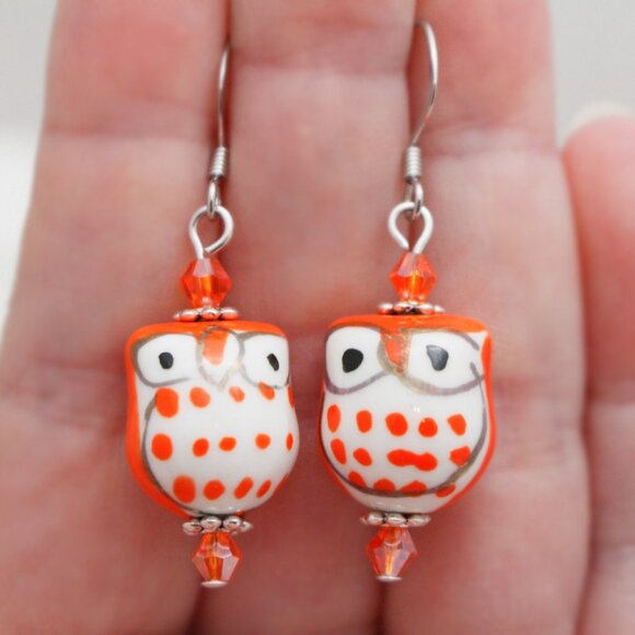 Orange Hand Painted Beaded Owl Earrings - Handmade & Hypoallergenic - Picture 7 of 7